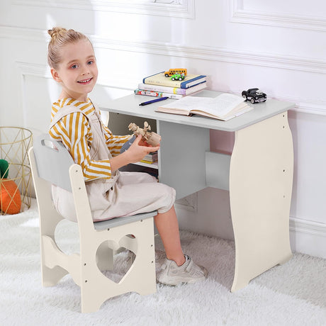 Kids Desk and Chair Set Wooden Study Desk with Storage Shelves for Boys, Girils Writing Reading | Childrens Table and Chair Set for Bedroom Furniture Playroom, Nursery, Gift for Ages 3-8 (Beige,Gray).