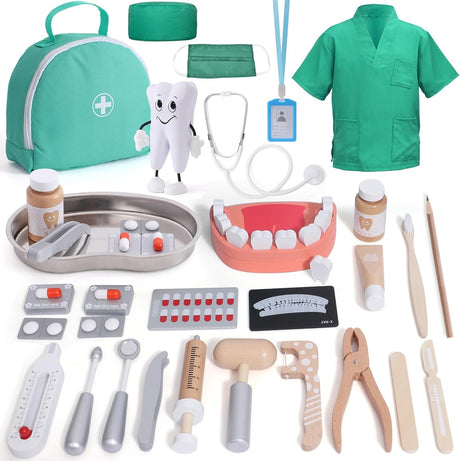 Kids Doctors Set Wooden Dentist Surgeon Medical Kit with Real Stethoscope, Doctor Dress Up Costume, Tooth Doll, Doctor Bag, Pretend Role Play Medical Educational Toys Gift for Kids Boys Girls.