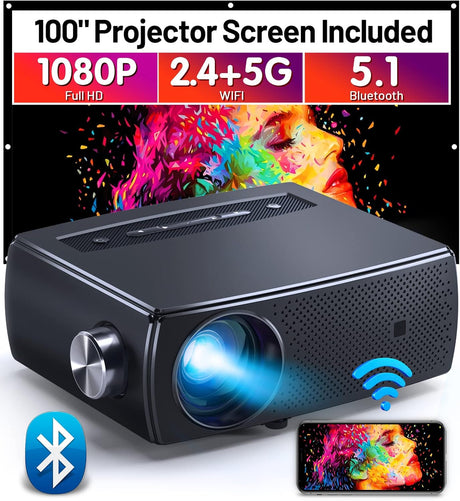 Mini Projector 1080P Full HD, ClokoWe 5G WiFi Bluetooth 15000L Portable Projector 4K Supported with 100“ Screen, Home & Outdoor 300" LED Movie Video Projector for TV Stick, Android, iOS.