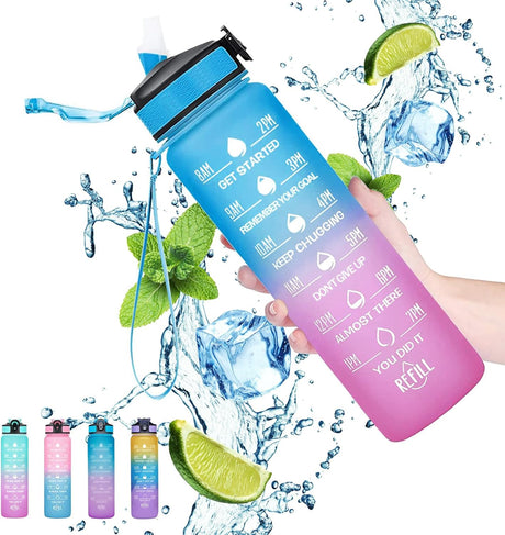 Gaiayhc Sports Water Bottle 1 L,Motivational with Time Marker and Straw,30oz Leakproof Design for Sports,Hiking,Gym,Fitness,Outdoor,Cycling,School & Office, Gradient Purple Blue.