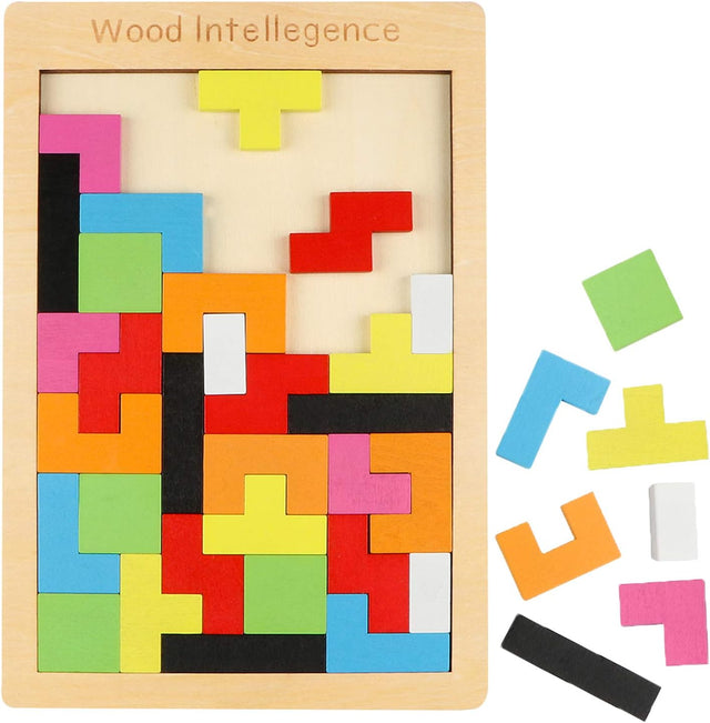 Jacootoys Wooden Intelligence Puzzle 40pcs Tangram Games, Wood Jigsaw Box Brain Educational Toys Gift for 3 Years Old Boys Girls Kid.