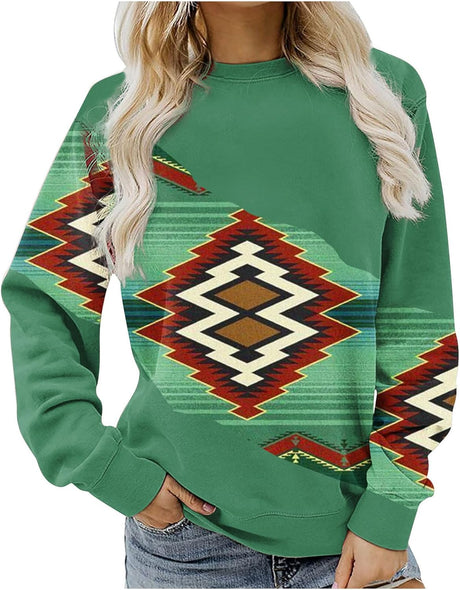 AMhomely Autumn Sweatshirt for Womens Clearance Vintage Long Sleeve Tunic Sweatshirt Teens Crewneck Pullover Jumper Aztec Printed Sportswear Tops Size 10-20 UK.