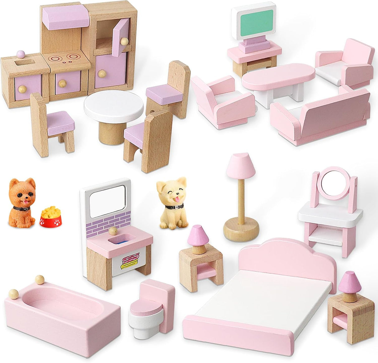 25Pcs Wooden Dollhouse Furniture Set, 5 Room Kit Pretend Play Doll House Furniture, Dolls House Accessories with Kitchen Dining Room Living Room Bedroom Bathroom for Kids Girls Playhouse Toy.