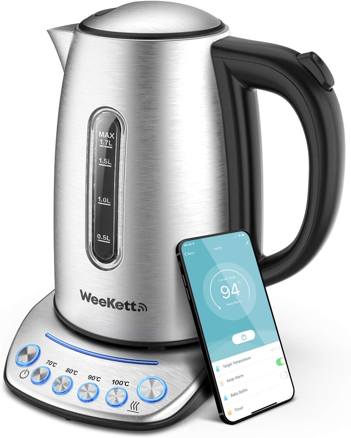 Smart Kettle by WeeKett - voice control with Amazon Alexa, Google & Siri, Variable Temperature Control, Keep Warm, Stainless Steel, BPA Free, Energy Efficient, 2200W, 1.7L.