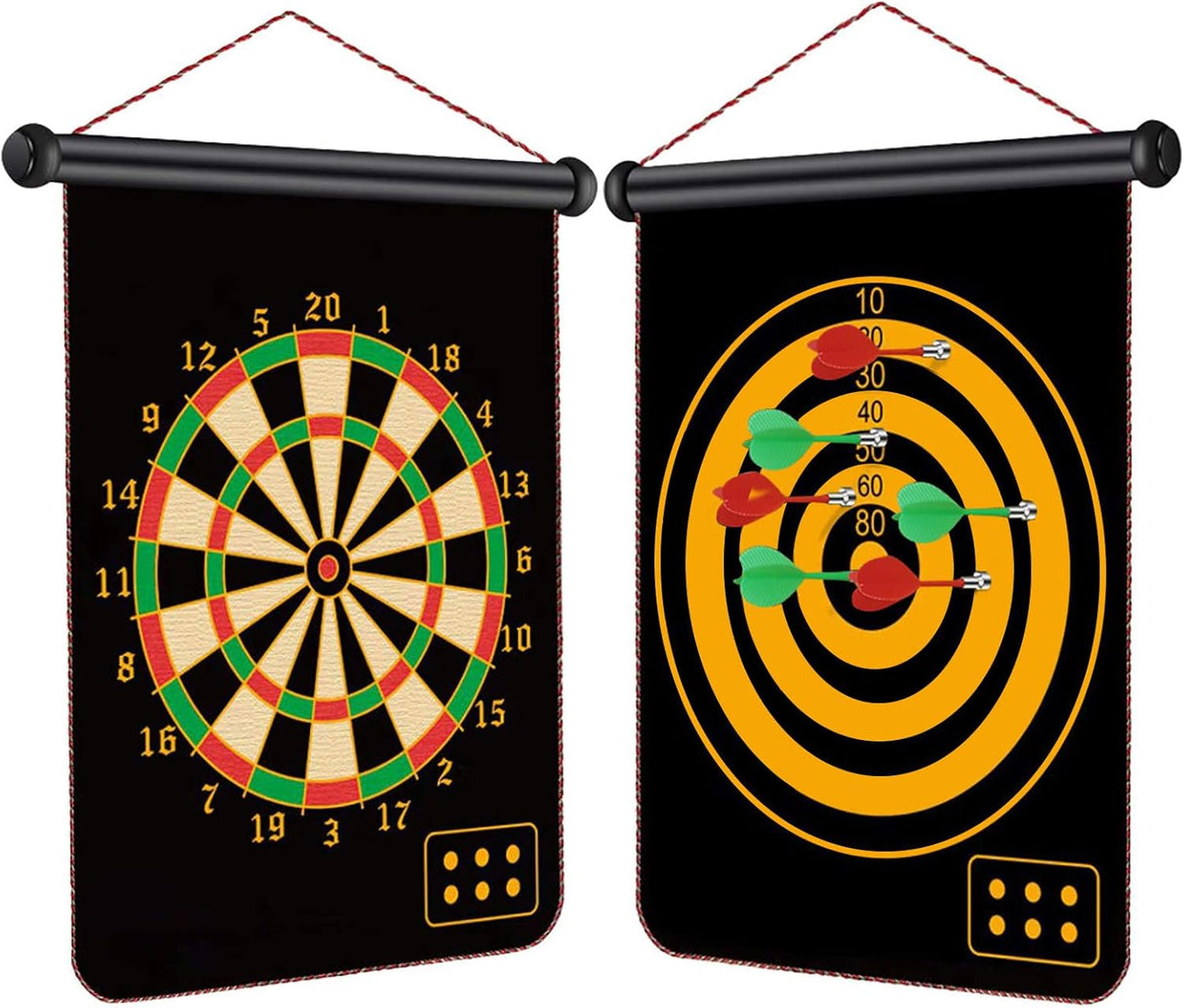 Toys for 4-15 Year Old Boys, Powerful Double-Sided Magnetic Dart Target 15 inch 6 Darts, Hanging Roller Up Safe Dartboard for Toys Teenager Boy Gift Christmas Xmas Gifts for Kids.