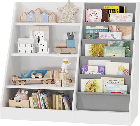 Kids Bookcase Children Bookshelf with Five Layer Sling Baby Wooden Storage Book Rack, Book and Toy Organizer Cabinet for Nursery, Toddler Room, Playroom, Bedroom, Living Room, Classroom (White).