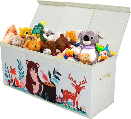 Decalsweet Extra Large Kids Toy Storage Box with Lid,Foldable Oxford Toy Storage Organizer Box for Children-96×32×40cm-Toy Chest with Handles for Bedroom Nursery,Forest Animal.