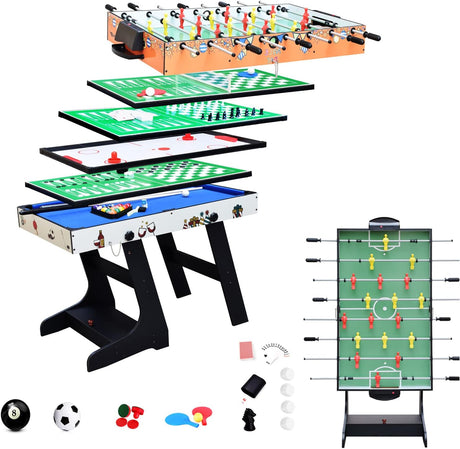 DRM 8 in 1 Folding Game Table, Billiards Table, Pool/Snooker Table,Hockey Table,Table Tennis Table,Football Table,Checkers,Backgammon,Chess,Playing Card with Parts Storage Box,4FT.