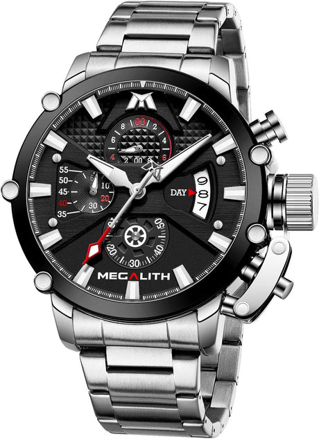 MEGALITH Mens Watches Stainless Steel Chronograph Watches for Men Waterproof Large Face Wrist Watch Designer Analogue Quartz Date Luminous.