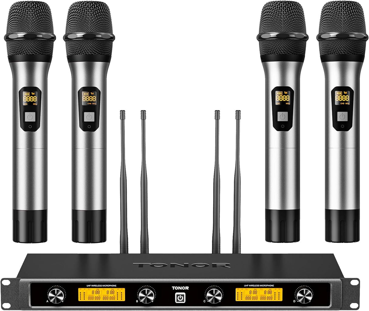 TONOR Wireless Microphone System, Quad Channel UHF Wireless Mic, Adjustable Frequency Metal Cordless Dynamic Handheld Mic, 4x5 Channels Auto Scan Ideal for Karaoke Singing Wedding Church, Silver&Red.