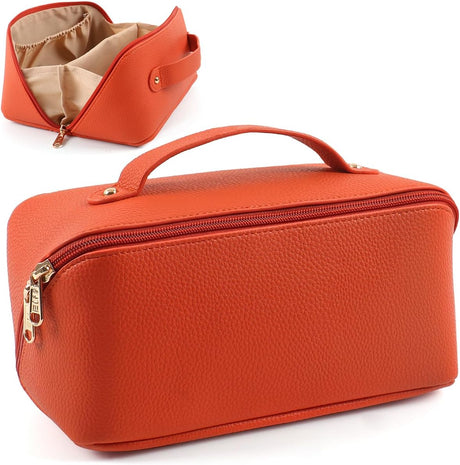 MAMUNU Large Capacity Cosmetic Bag Travel Cosmetic Storage Bag with Handle Portable Zipper Cosmetic Bag Toiletry Bag Makeup Bag Large with Compartments for Women Girls (Orange).