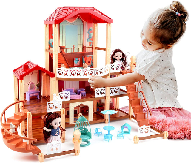 deAO Dolls House Dream House Playset for Girls, 3-Story Castle Dollhouse with 2 Dolls Toy Figures & 14 PCS Furniture Accessories, Fashion Play House, Gift for Ages 3+.