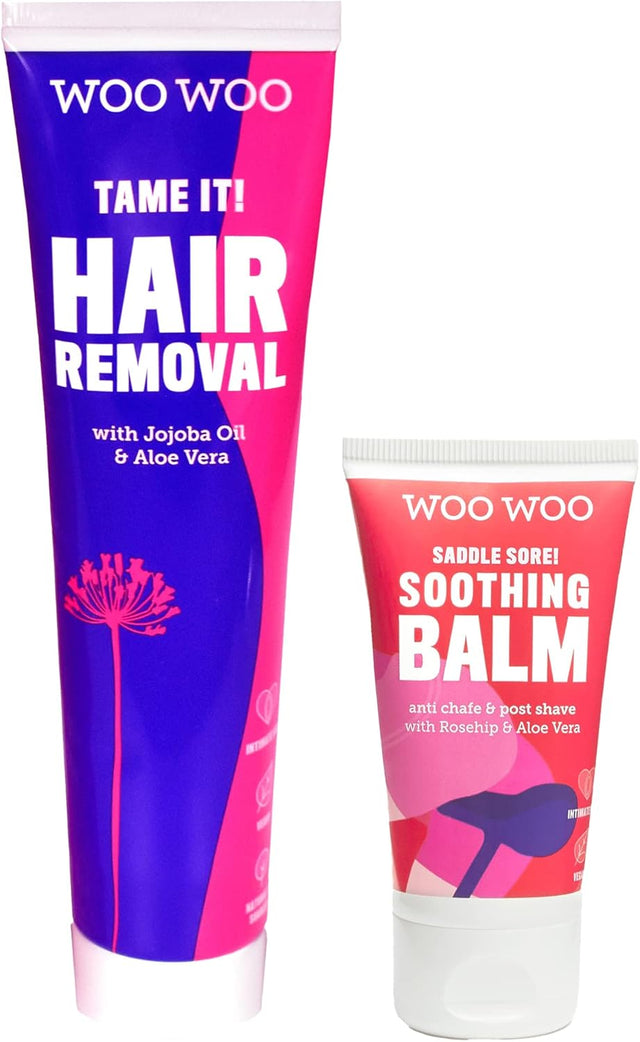 WooWoo Best Sellers Multibuy! - Tame It! Hair Removal Cream 100ml, Jojoba Aloe Vera - Saddle Sore! Soothing Moisturising Balm 50ml, Chamomile Rosehip Oil.