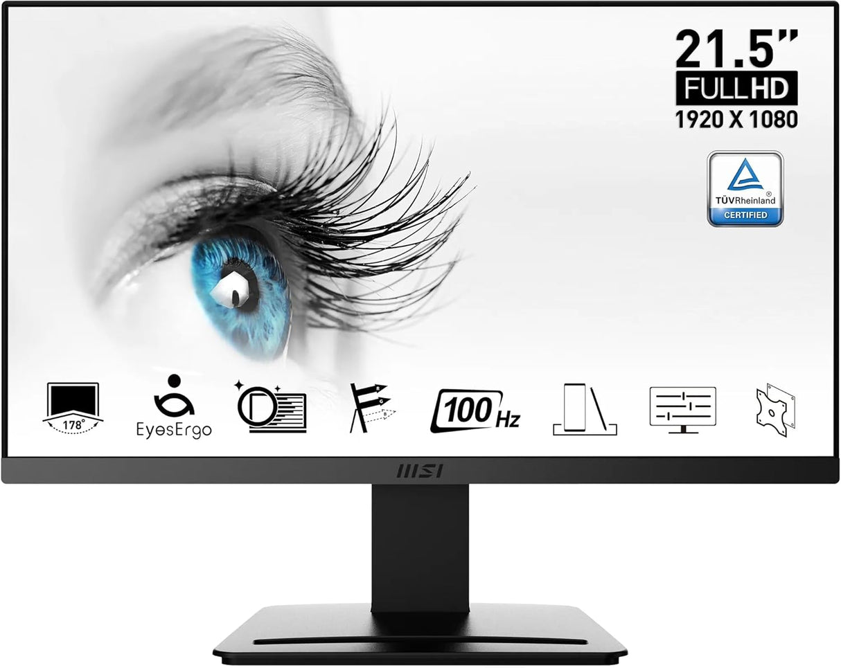 MSI PRO MP223 22.3 Inch Monitor, Full HD (1920 x 1080), 100Hz, VA, 4ms, FreeSync, HDMI, VGA, Anti-Glare, Anti-Flicker, Less Blue light, TÜV Certified, VESA, Kensington, Black.