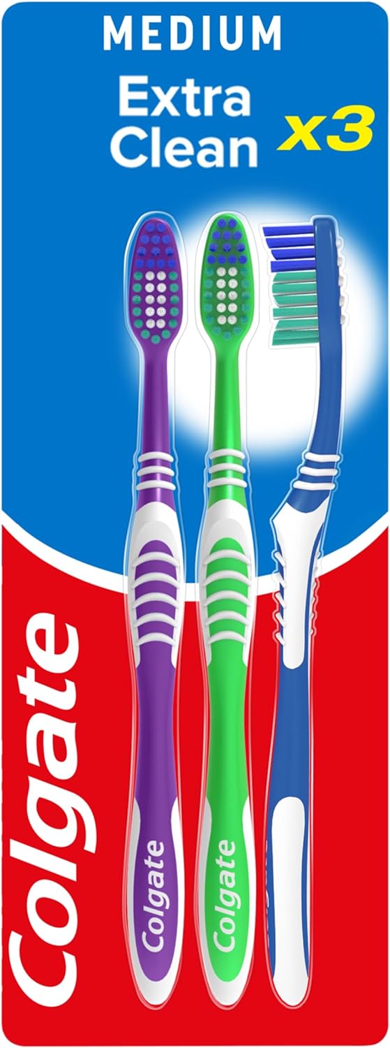 Colgate Extra Clean Medium Toothbrush (Assorted) with a Cleaning Tip that Reaches and Cleans Back Teeth, (Pack of 3).