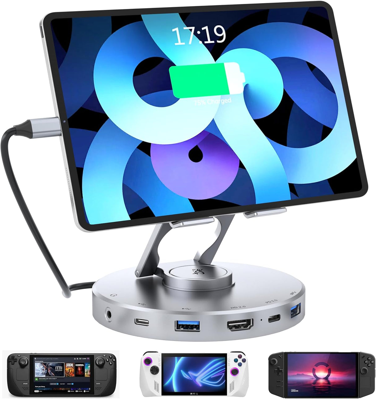 YCE 10 in 1 Docking Station for iPad Pro Steam Deck and ROG,With 4K@60Hz HDMI,SD TF 4.0 Reader 100W PD,Audio,USB A,USB C Rotatable Folding Type-C Tablet Stand Holder for iPad,Steam Deck,ROG Ally,Phone