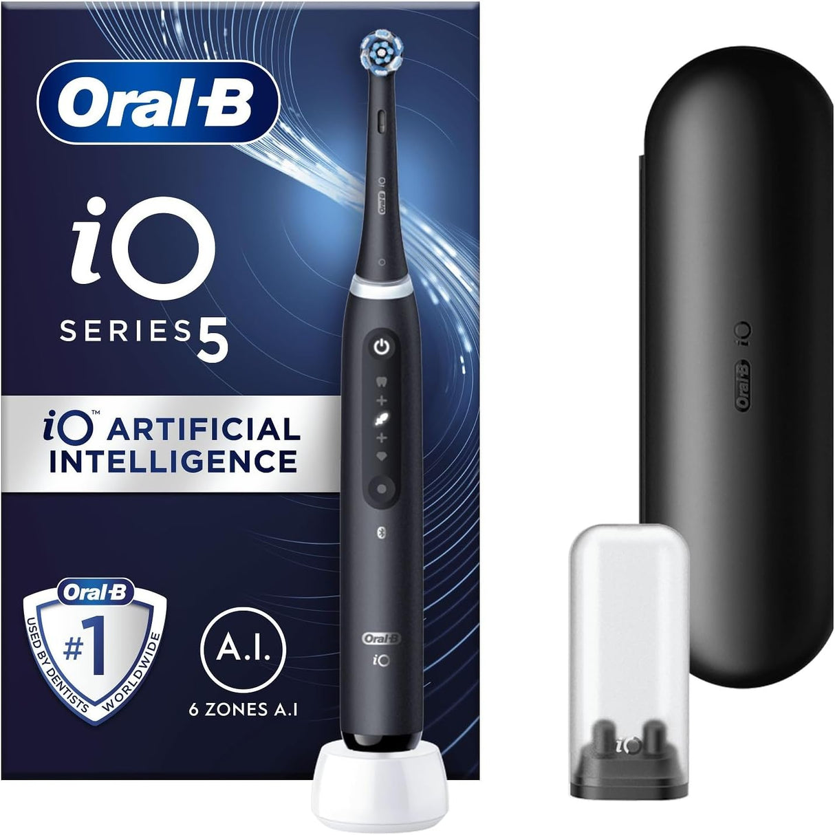 Oral-B iO5 Electric Toothbrushes For Adults,1 Toothbrush Head & Travel Case, 5 Modes With Teeth Whitening, UK 2 Pin Plug, White.