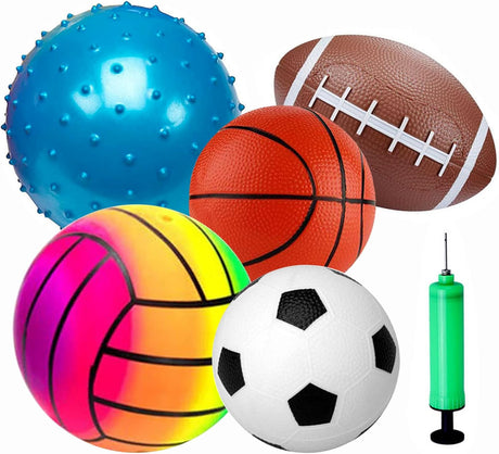 POTWPOT Sports Ball Toys, 5pcs Inflatable Sport Balls Set with Pump, Includes Football, Basketball, Volleyball, Rugby, Acanthosphere, Outdoor Games for Kids Beach Balls Toys.