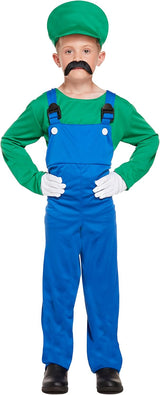 HENBRANDT Children’s Green Super Plumber Fancy Dress Costume Retro 1980s Videogame Green + Blue Overalls Moustache Brothers Size Large Ages 10-12 Fancy Dress for Boys Super Workman Outfit for Kids.