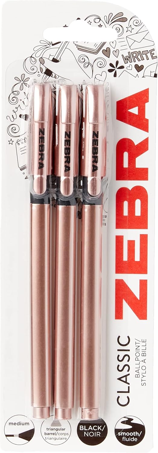 ZEBRA Pen Z Grip Black Pens Ballpoint, Super Trendy Rose Gold Ballpoint Pens With Triangular Barrel, Black Ink, Reliable Black Biro Multipack For Everyday Use - Medium Point, 3 pk.