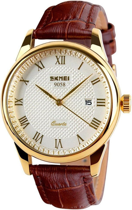 SKMEI Business Mens Quartz Wristwatches Roman Numeral Leather Band Casual Water Resist Analog Watches.