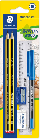 STAEDTLER 121SET BKD Noris School Graphite HB Pencil Student Stationery Set (Pack of 2 Pencils, Blue Pen, Ruler, Eraser Plus Sharpener), Black.