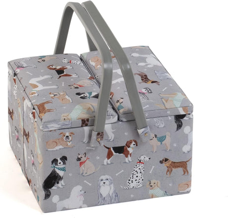 Hobby Gift Exclusive Large Twin Lid Sewing Craft Hobby Storage Box, Accessories Tray Pin Cushion Pockets PVC Handles, 25 x 25 x 17cm, Grey Dogs.