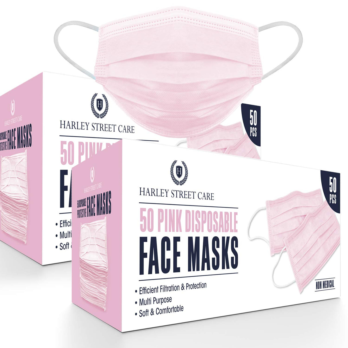 Harley Street Care Disposable Pink Face Masks Protective 3 Ply Breathable Triple Layer Mouth Cover with Elastic Earloops (Pack of 100).