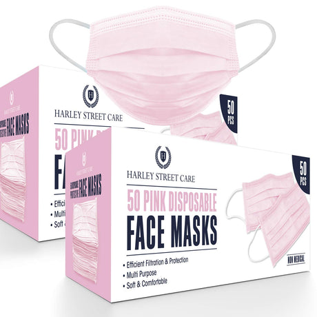 Harley Street Care Disposable Pink Face Masks Protective 3 Ply Breathable Triple Layer Mouth Cover with Elastic Earloops (Pack of 100).