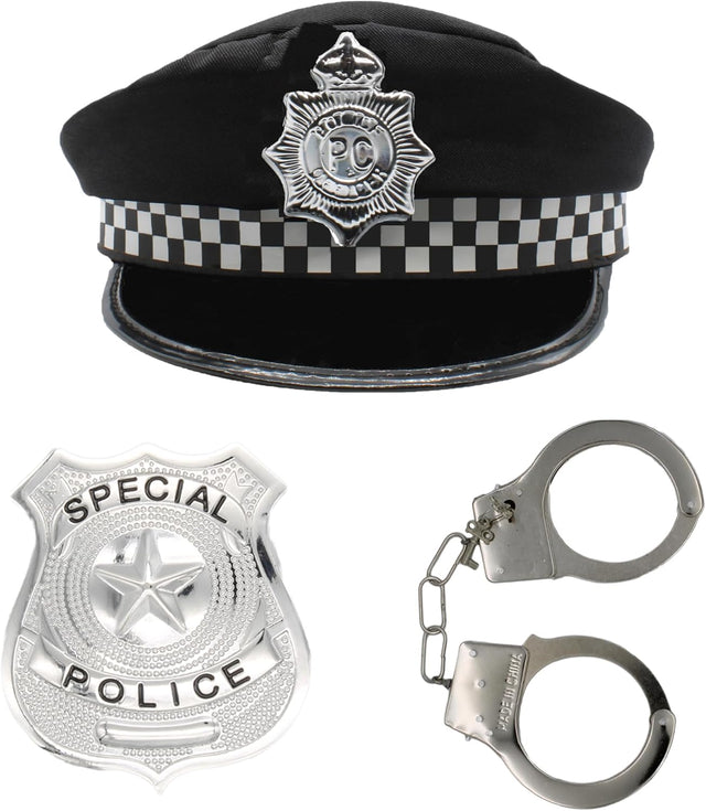 Cherry-on-Top Police Fancy Dress Hat Badge and Handcuffs for Dress Up Pretend Play.