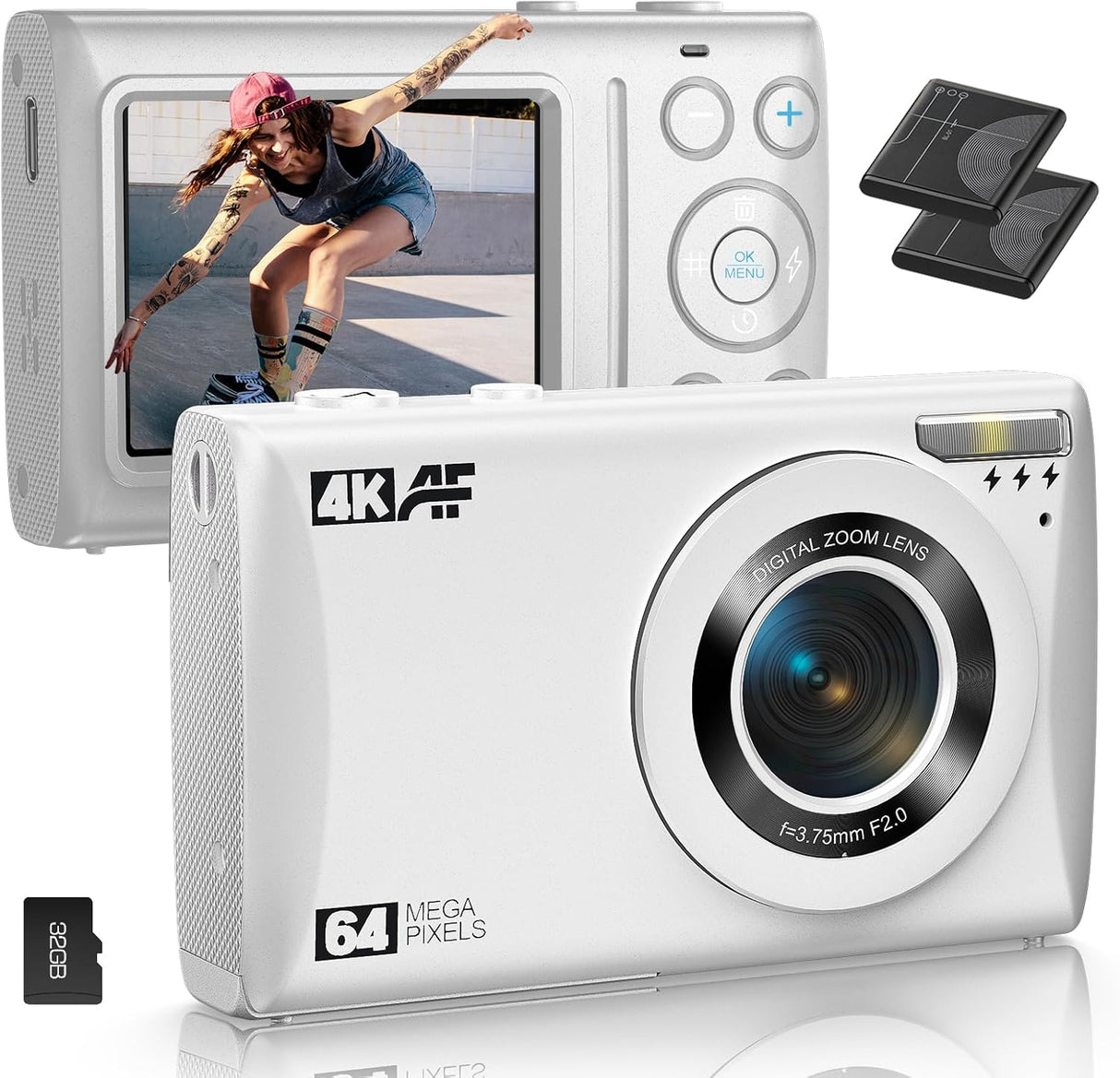 Digital Camera 4K for Budding Photographers Teens Kids, 64MP Point and Shoot Digital Camera Compact Small Camera for Boys Girls Kids, Mini Small Vlogging Camera with 32G SD Card, 2 Batteries.