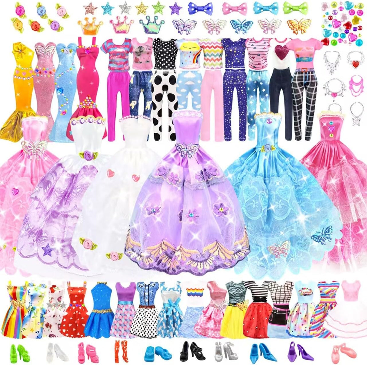 92Pcs Doll Clothes and Accessories with Doll Closet for 11.5 Inch Doll Fashion Design Kit Girl Doll Dress Up Including Fashion Dress Outfits Tops and Pants Shoes Hangers Bags Necklaces Girls Toy Gifts.