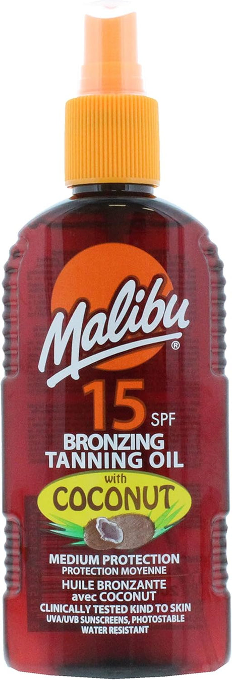 Malibu Sun SPF 15 Bronzing Tanning Coconut Oil Spray with Medium Protection, Water Resistant, Tropical Scent, 200ml.