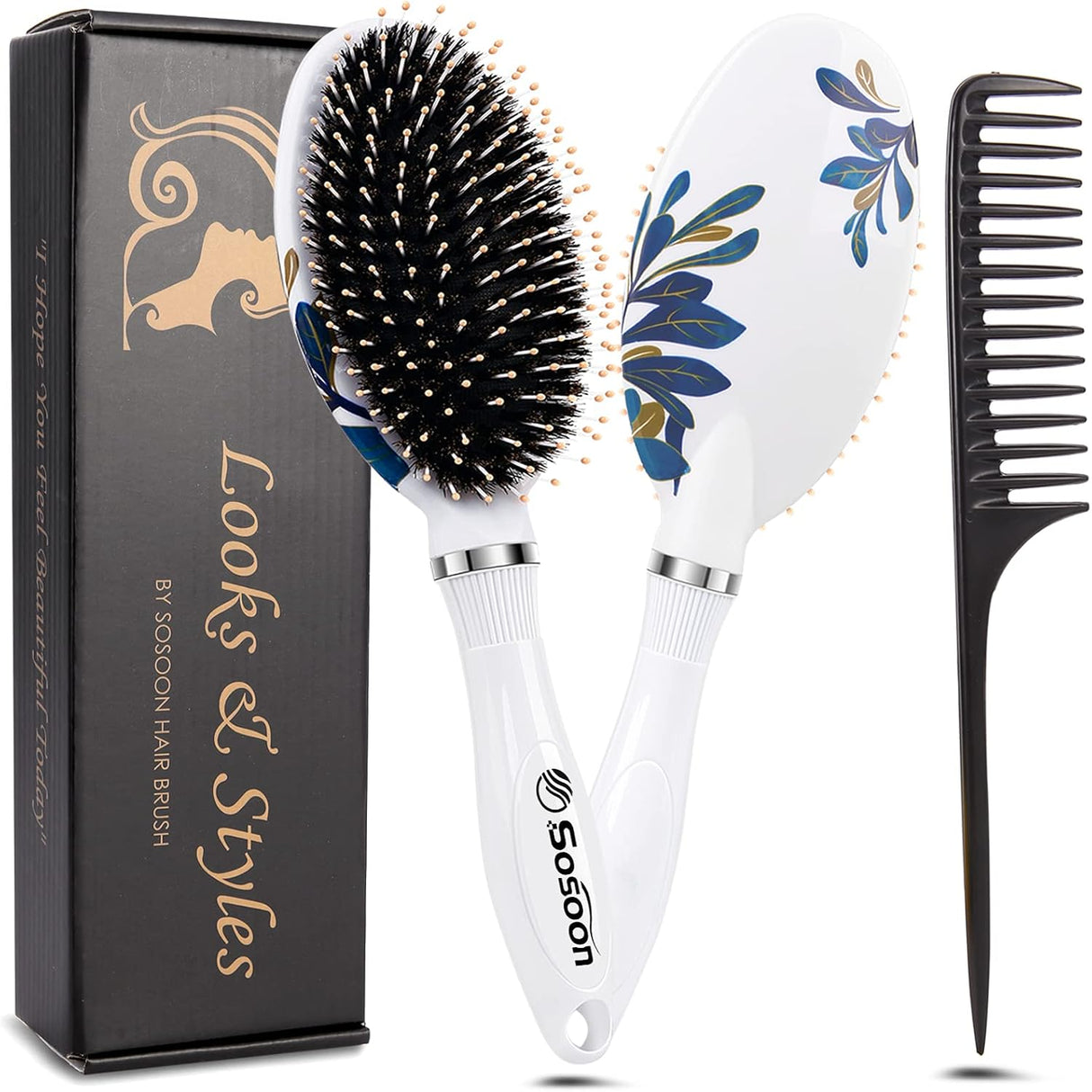 Hair Brush, Boar Bristle Paddle Hairbrush for Long, Thick, Curly, Wavy, Dry or Damaged Hair, Reducing Hair Breakage and Frizzy, No More Tangle