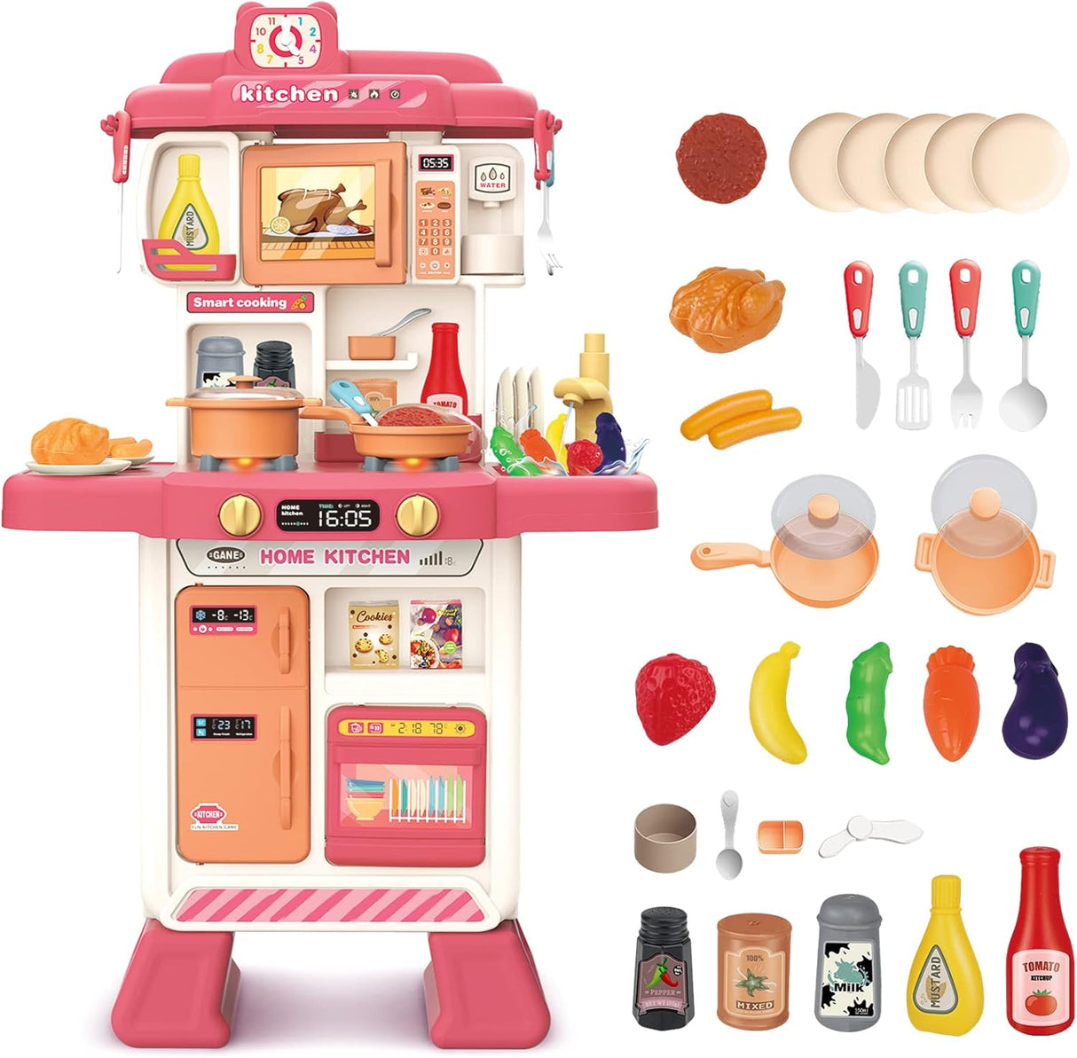 deAO Kids Modern Kitchen Toy Set with Light & Sound, Playset with Accessories, Large Cooking Toy for Unisex Children.