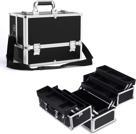 Stagiant Extra Large Makeup Case Professional Cosmetic Box Organiser Case 6 Trays with DIY Divider and Shoulder Strap (Black).