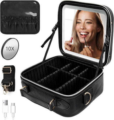 Travel Makeup Bag, Cosmetic Storage Organiser Box with Removable Mirror&Led 3 Colors Modes Light, Vanity Case with Adjustable Dividers Compartment for Women(Including10X Magnifying Mirror).