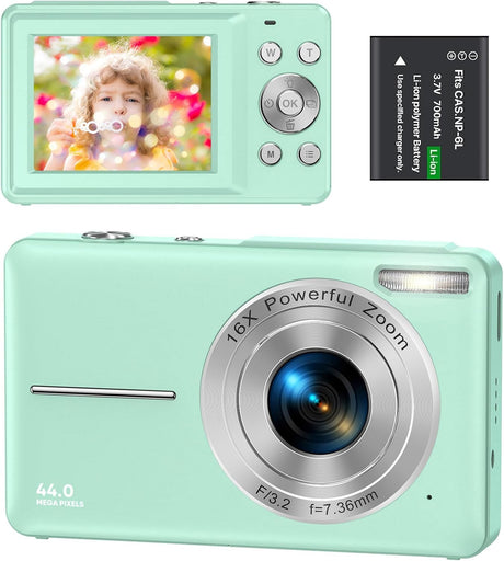 Digital Camera 1080P 44MP Compact Digital Camera 16X Digital Zoom with 2.4" LCD Screen, Point and Shoot Digital Camera Vlogging Camera for Kids, Teenagers, Beginners, Boys, Girls(Black).