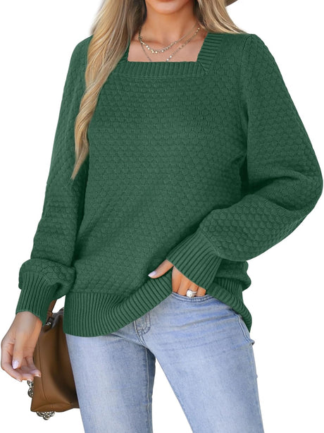 Saloogoe Sweaters for Women 2023 Fall Clothes Fashion Trendy Square Neck Tops Long Sleeve Shirts Pullover Trending Now.