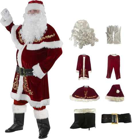 NIDONE Santa Suit Adult Size Santa Claus Costume For Adult 8Pcs/Set Velvet Santa Suit Men Christmas Santa Outfit For Christmas Holiday Party Cosplay.