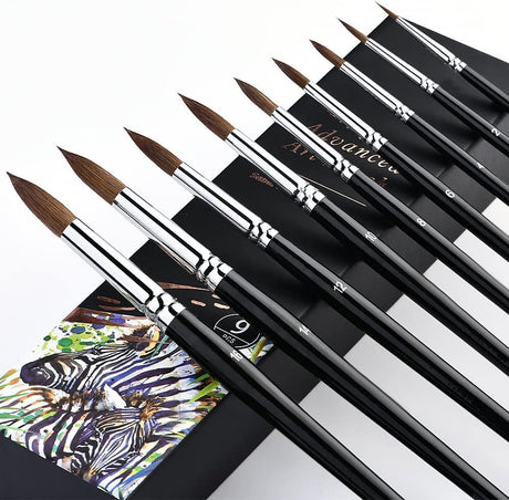 Kolinsky Watercolor Brush Set 9 Pcs Round Pointed Professional Paint Brush Artist Acrylic Brush for Watercolor Gouache Acrylic.