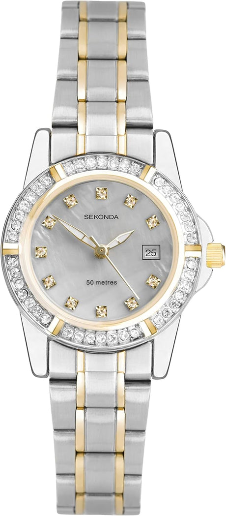 Sekonda Sienna Ladies 28mm Stone Set Bezel Dress Watch 50m Water Resistant with Date Window.