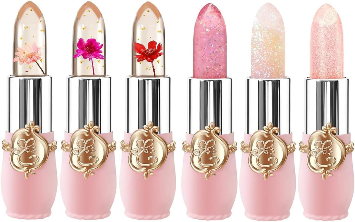 6 Packs Flower Jelly Lipstick Set Magic Temperature Color Change Lip Balm Long Lasting Moisturizer Lip Gloss Flower Jelly Lipstick Makeup Set (6PCS Set A).