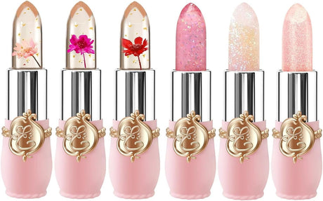 6 Packs Flower Jelly Lipstick Set Magic Temperature Color Change Lip Balm Long Lasting Moisturizer Lip Gloss Flower Jelly Lipstick Makeup Set (6PCS Set B).