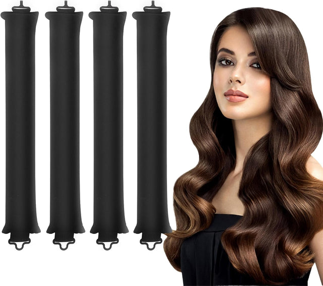 Amlope 4 PCS Heatless Curlers Overnight Curls Blowout Rods with Hook No Heat Hair Curlers Sleep in Heatless Rollers for Women Girls All Hair Types Styling Tools Silk (Black).