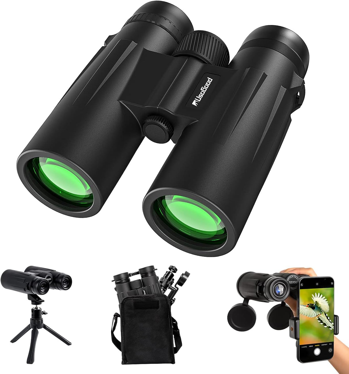 Binoculars for Adults Bird Watching usogood 12x50 High Power Binoculars for Stargazing, Traveling, Hunting and Hiking with Tripod Phone Adaptor for Photography - BaK-4 Prisms, FMC Lens Black.