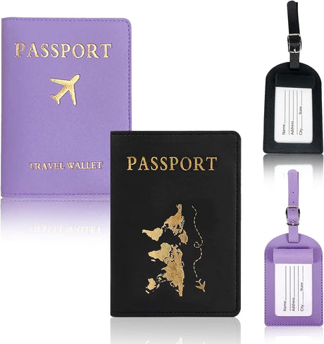 KEUGT Passport Covers,2 Luggage Tags and 2 Passport Cover,PU Leather Passport Holder,Passport Case,ID Identifier Bag,Travel Suitcase Tag for Mr Mrs Passport,Credit Cards,Boarding Passes(Purple,Black).