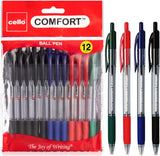 Cello Ballpoint Pen Black Pens Comfort Grip Ball Pens Medium Point Biros,Retractable Ballpoint Pens (1.0MM) Black Pen, Pack of 12 | ideal for office, Home, and School Stationary supplies.