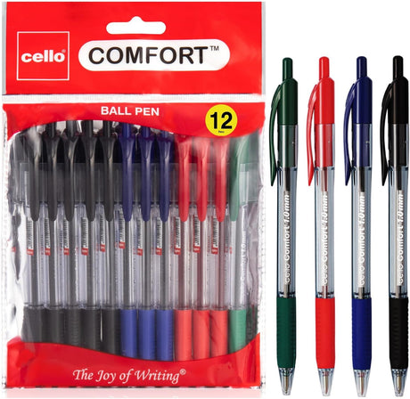 Cello Ballpoint Pen Black Pens Comfort Grip Ball Pens Medium Point Biros,Retractable Ballpoint Pens (1.0MM) Black Pen, Pack of 12 | ideal for office, Home, and School Stationary supplies.