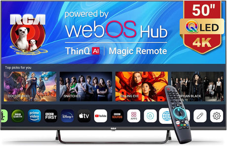 RCA Web OS TV 50-inch QLED 4K UHD Smart TV, MEMC HDR10 ThinQ AI, Voice Magic Remote Dolby Audio.